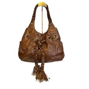 Kooba Brown Leather Hobo Shoulder Bag Braided Strap Tassels Boho Slouchy Handbag